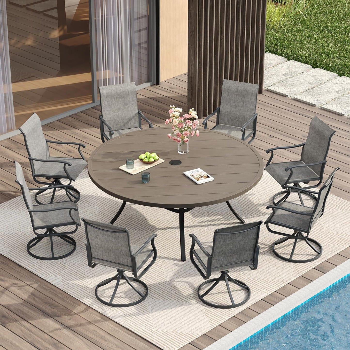 Vicllax 5-Piece Outdoor Patio Dining Set Metal Swivel Chairs & Round Steel Table with Umbrella Hole (DTS05-KDCS03)