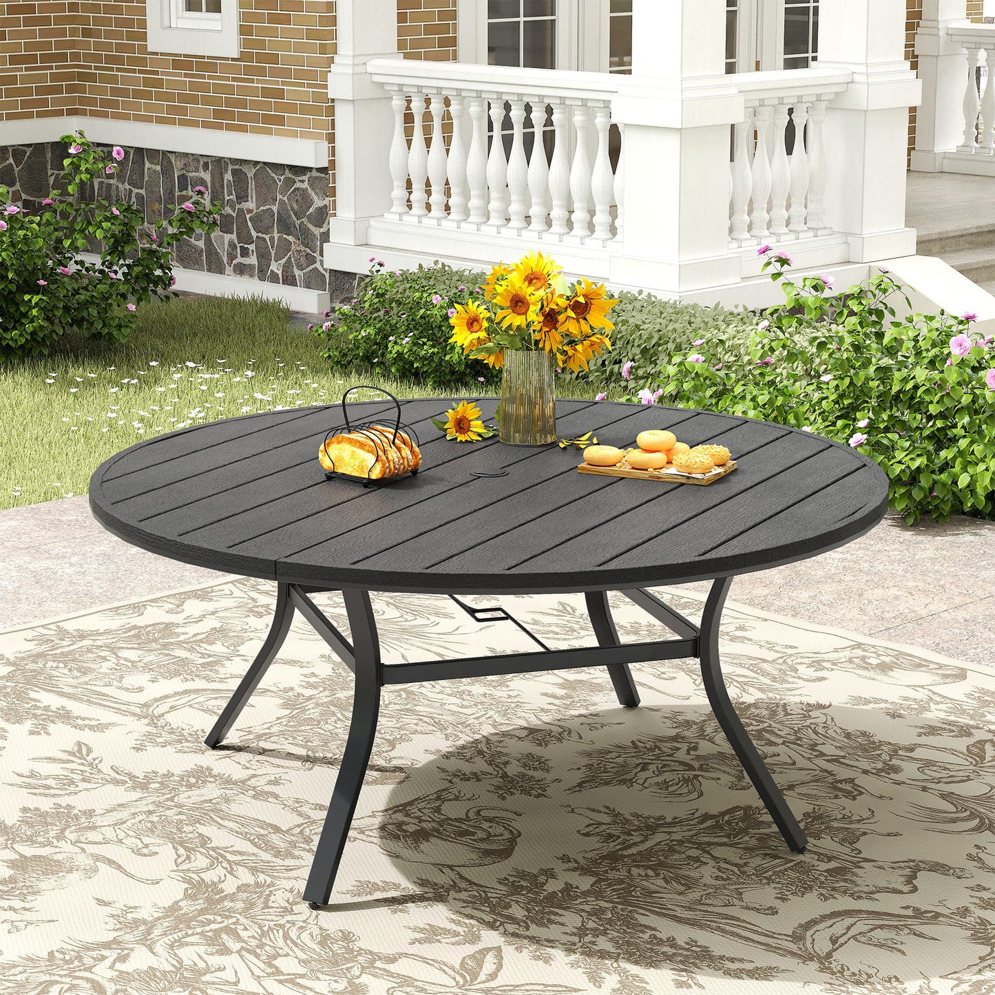 Vicllax Outdoor Patio Dining Table Plastic Tabletop Metal Frame with Umbrella Hole, Black