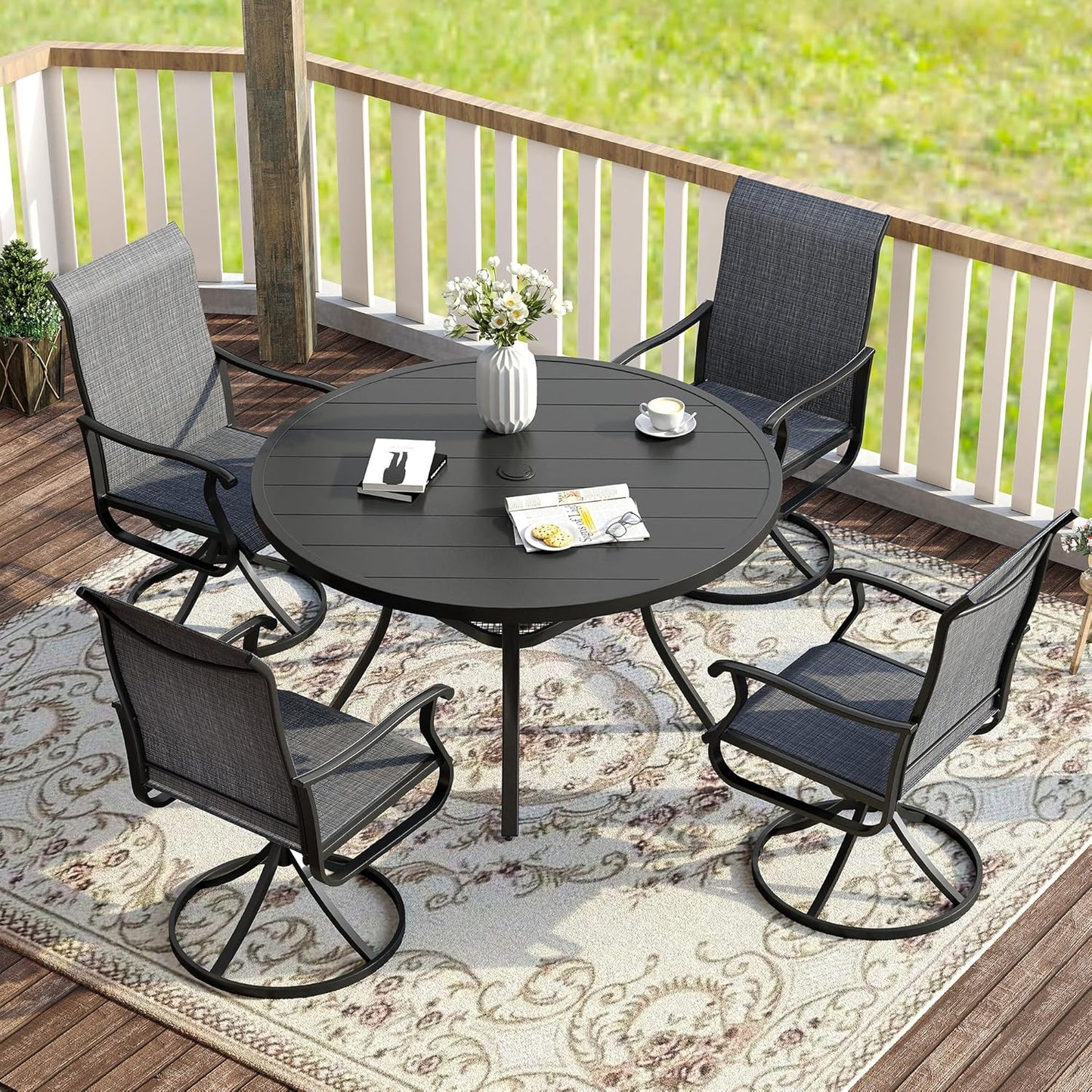 Vicllax 5-Piece Outdoor Patio Dining Set Metal Swivel Chairs & Round Steel Table with Umbrella Hole (DTS05-KDCS03)