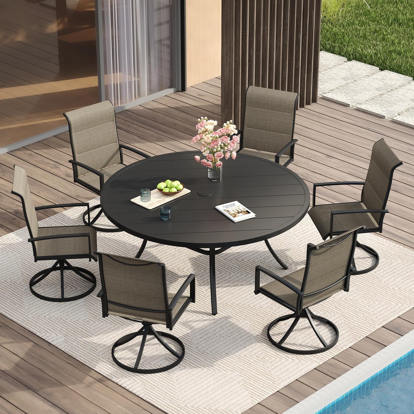 VICLLAX 7 Pieces Patio Dining Set for 6-Outdoor Furniture Includes 53" Round Outdoor Table and Swivel Padded Chairs, Black Tabletop and Mixed Brown Fabric