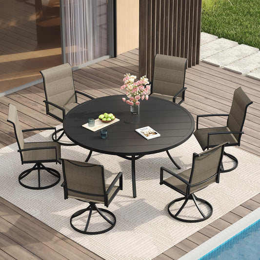 VICLLAX 7 Pieces Patio Dining Set for 6-Outdoor Furniture Includes 53" Round Outdoor Table and Swivel Padded Chairs, Black Tabletop and Mixed Brown Fabric
