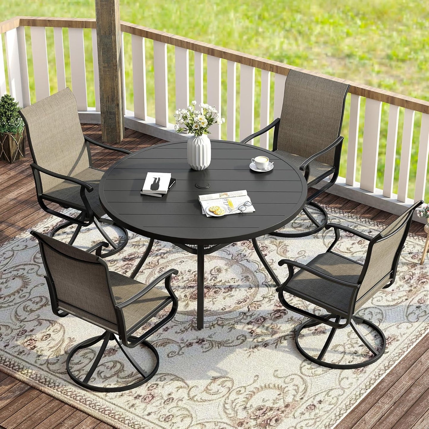 Vicllax Outdoor Patio Dining Set Metal Swivel Chairs & Round Steel Table with Umbrella Hole