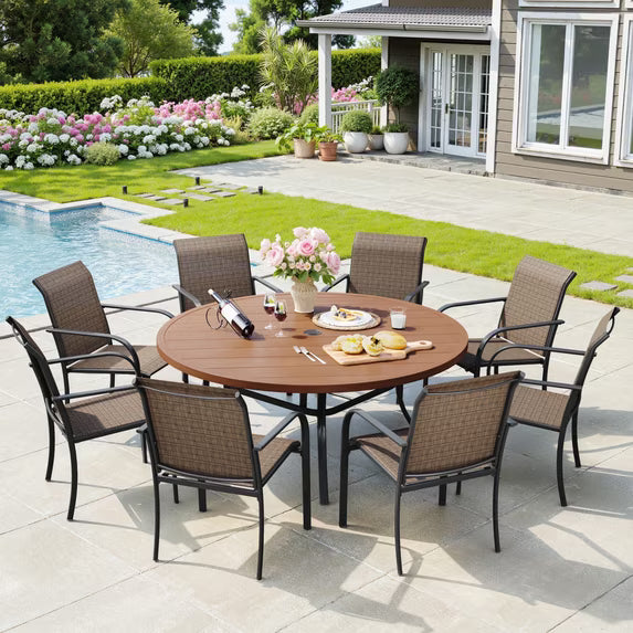 Vicllax 9-Piece Round Outdoor Patio Dining Furniture Set Table and Chair Metal Frame, Umbrella Hole