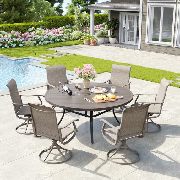 Vicllax 7-Piece Outdoor Patio Dining Set, 53-Inch Round Outdoor Table with Umbrella Hole and 6 Swivel Patio Chairs, Outdoor Furniture for Backyard, Garden, Deck & Porch