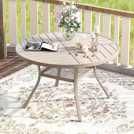 Vicllax 41" Outdoor Patio Dining Table, Metal Frame Round Patio Table with Umbrella Hole for Deck, Sandshell