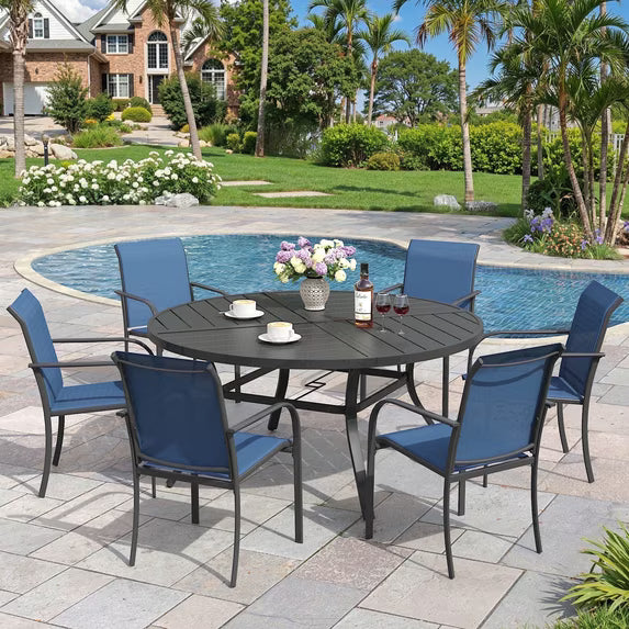 Vicllax 7-Piece Round Outdoor Patio Dining Furniture Set Table and Chair Metal Frame for Porch Deck