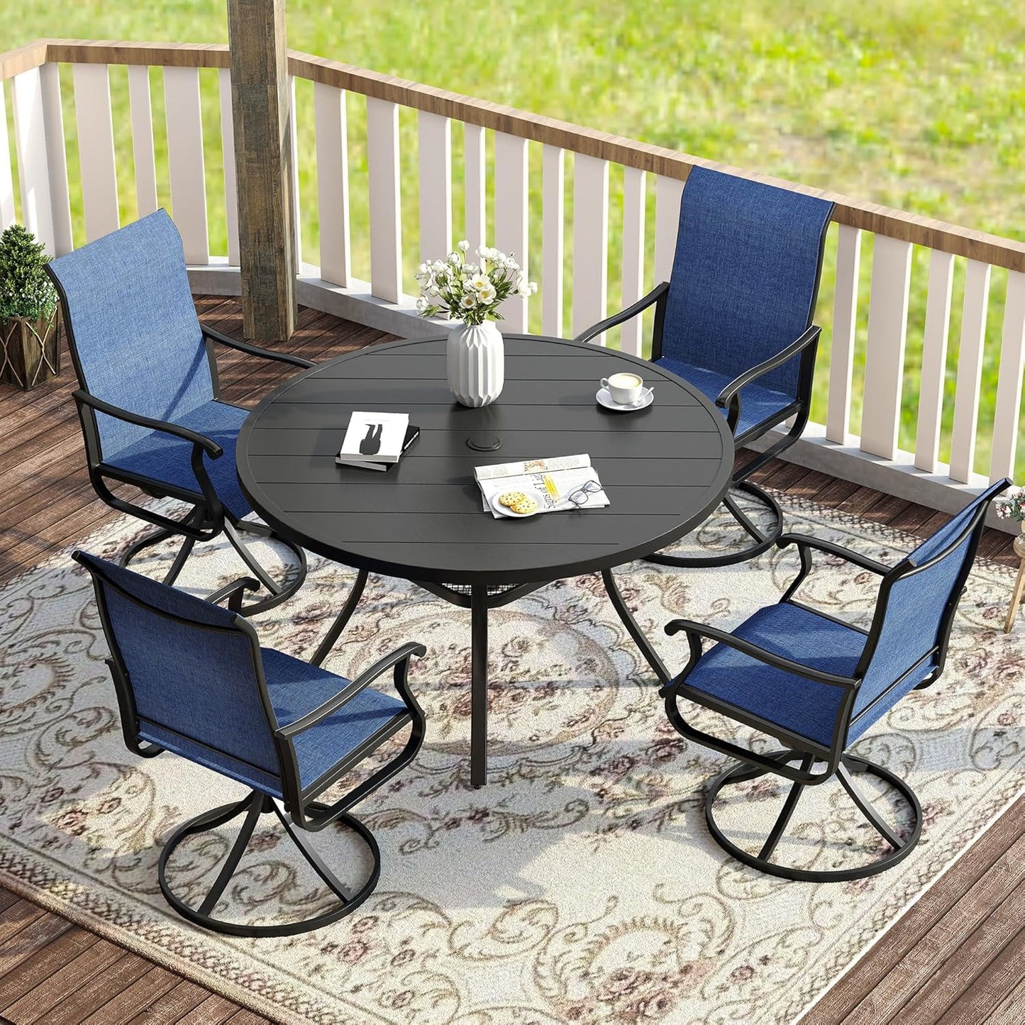 Vicllax Outdoor Patio Dining Set Metal Swivel Chairs & Round Steel Table with Umbrella Hole