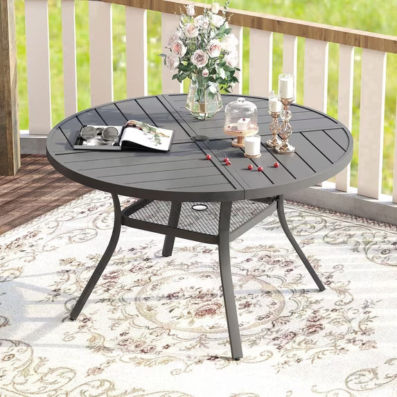 Vicllax 41" Outdoor Patio Dining Table, Metal Frame Round Patio Table with Umbrella Hole for Deck, Gray