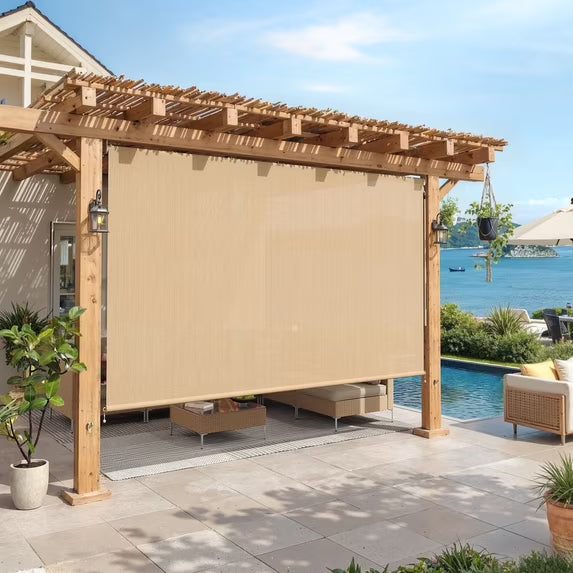Vicllax 14'Wx8'H Outdoor Roller Shades, Cordless Patio Blinds for Patio Porch Crank Operation Sun Blocking, Wheat
