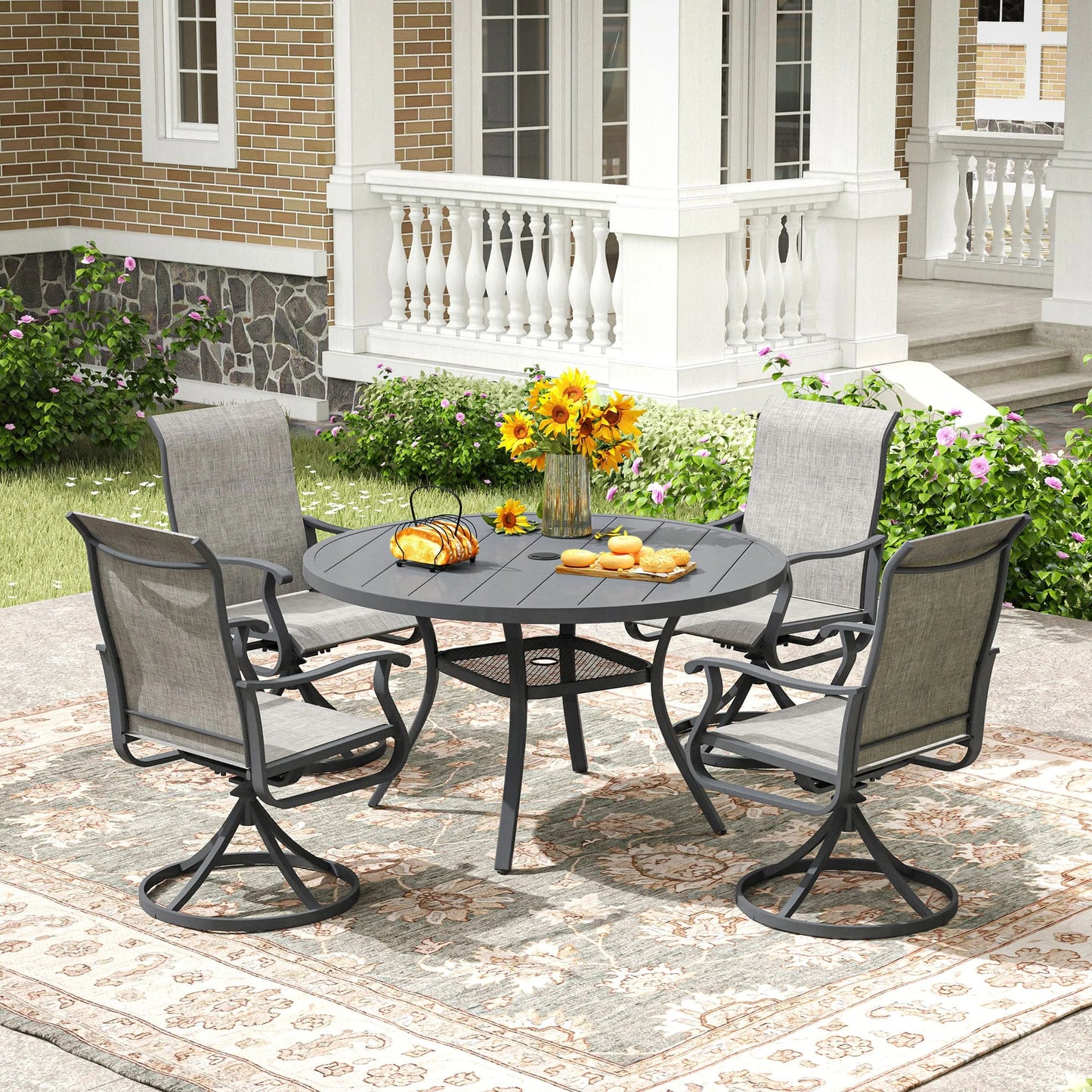 Vicllax Outdoor Patio Dining Set Metal Swivel Chairs & Round Steel Table with Umbrella Hole