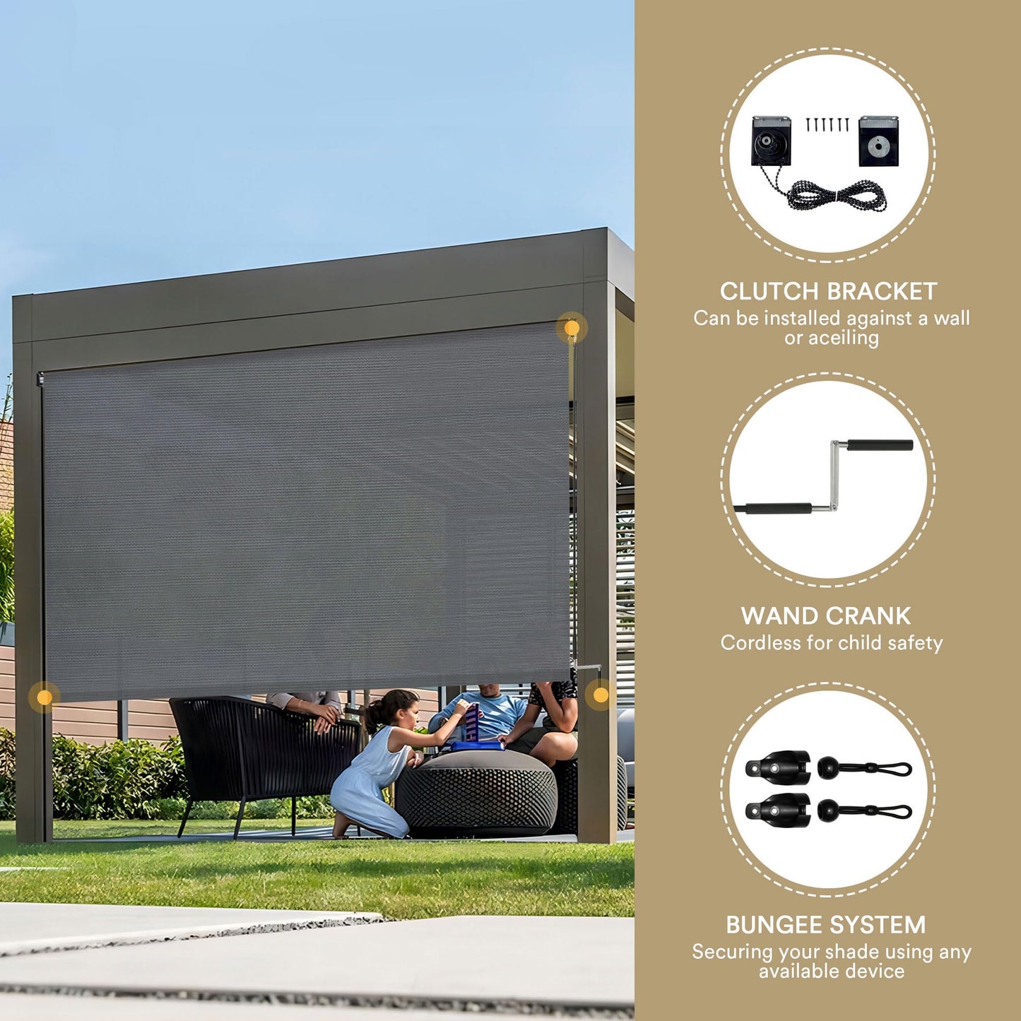 DIFY Outdoor Roller Shade Blinds Cordless Roll Up Shade, Exterior Roller Wand Crank Operation 8*8FT for Patio Yard Deck Porch, Anthracite