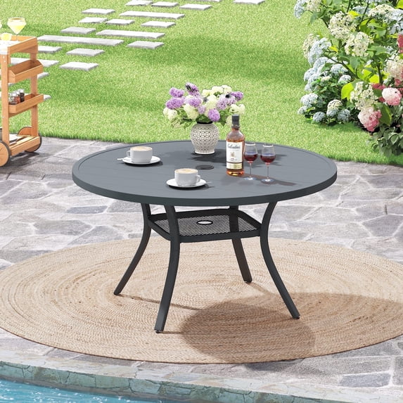 Vicllax 41" Outdoor Patio Dining Table, Metal Frame Round Patio Table with Umbrella Hole for Deck, Gray