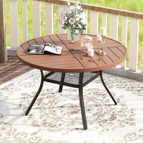 Vicllax 41" Outdoor Patio Dining Table, Metal Frame Round Patio Table with Umbrella Hole for Deck, Walnut