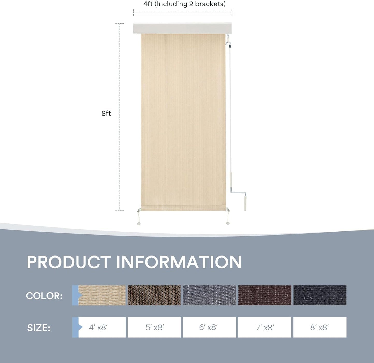 Outdoor Roller Shade, Exterior Patio Cordless Blinds with Aluminum Valance Roll Up Shades for Porch Balcony Backyard (4' W X 8' L), Wheat