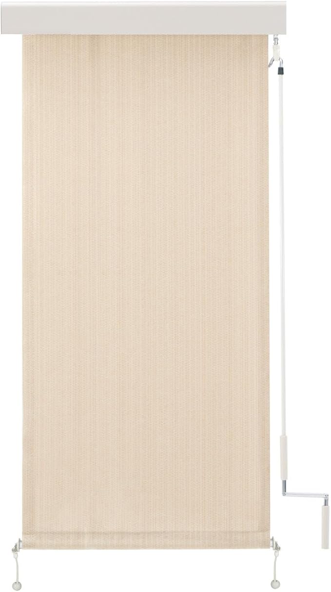 Outdoor Roller Shade, Exterior Patio Cordless Blinds with Aluminum Valance Roll Up Shades for Porch Balcony Backyard (4' W X 8' L), Wheat