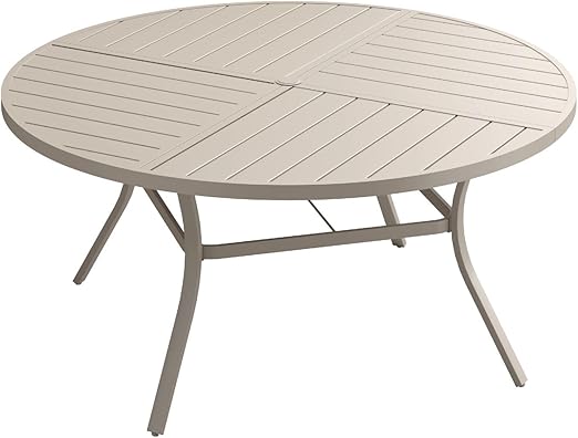 ARKOST Outdoor Patio Round Dining Table for 6, 50" x 50" Metal Sleek Slat Dining Table with Umbrella Hole for Lawn Garden Deck Backyard, Sandshell