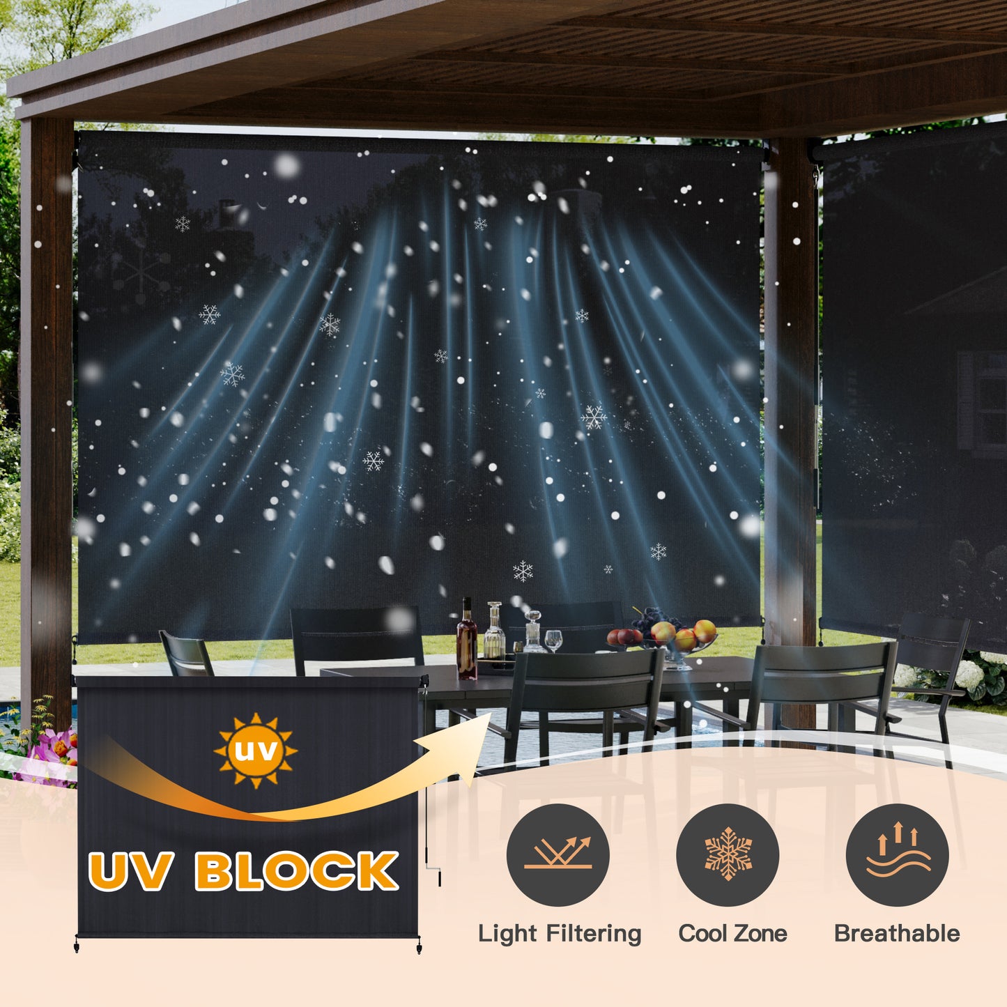 VICLLAX Outdoor Roller Shade, Patio Cordless Blinds Roll Up Shade 8x8FT, Graphite