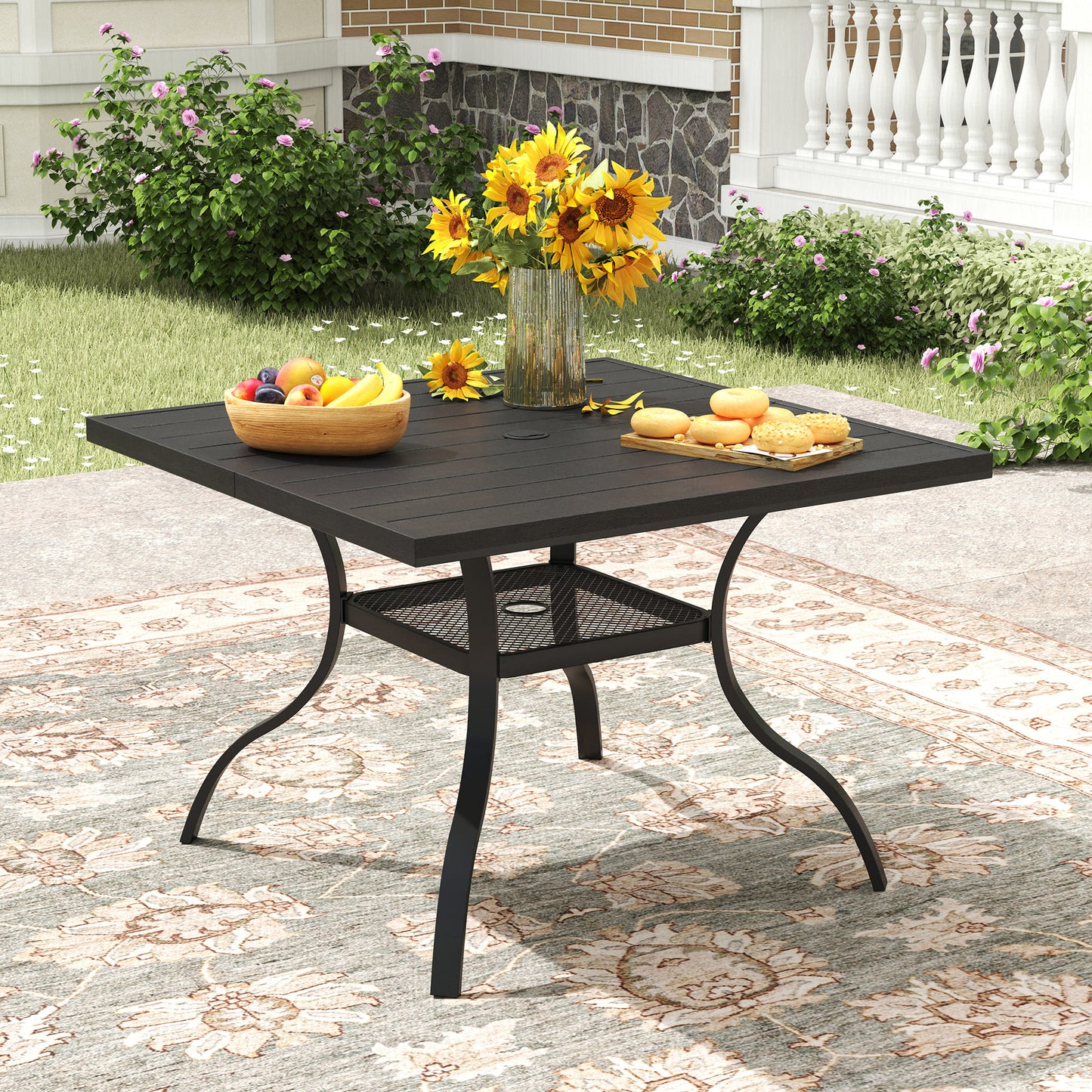 Vicllax Outdoor Patio Dining Table Plastic Tabletop Metal Frame with Umbrella Hole, Black