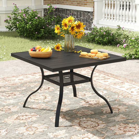 Vicllax Outdoor Patio Dining Table Plastic Tabletop Metal Frame with Umbrella Hole, Black