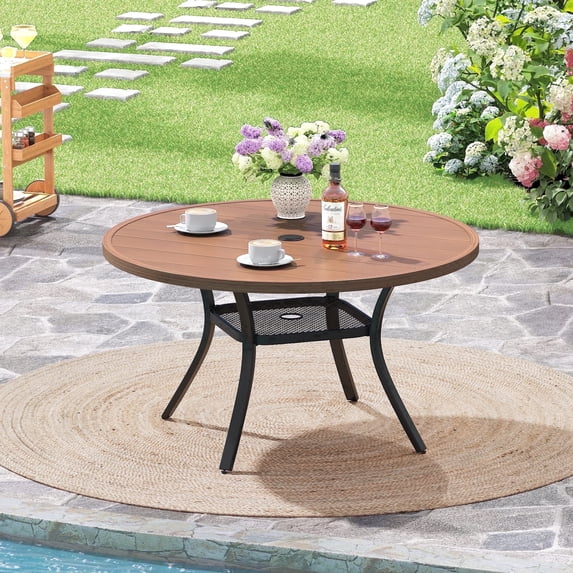 Vicllax 41" Outdoor Patio Dining Table, Metal Frame Round Patio Table with Umbrella Hole for Deck, Walnut