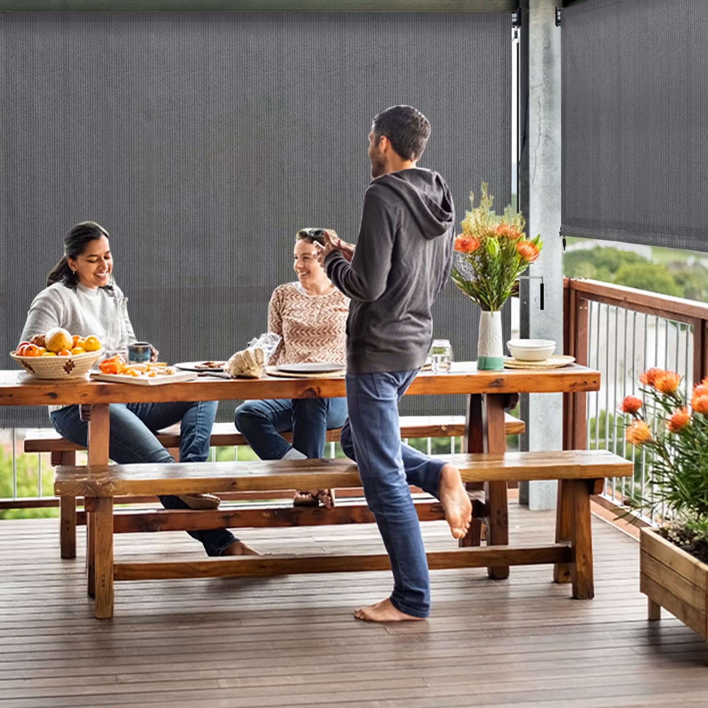 DIFY Outdoor Roller Shade Blinds Cordless Roll Up Shade, Exterior Roller Wand Crank Operation 8*8FT for Patio Yard Deck Porch, Anthracite