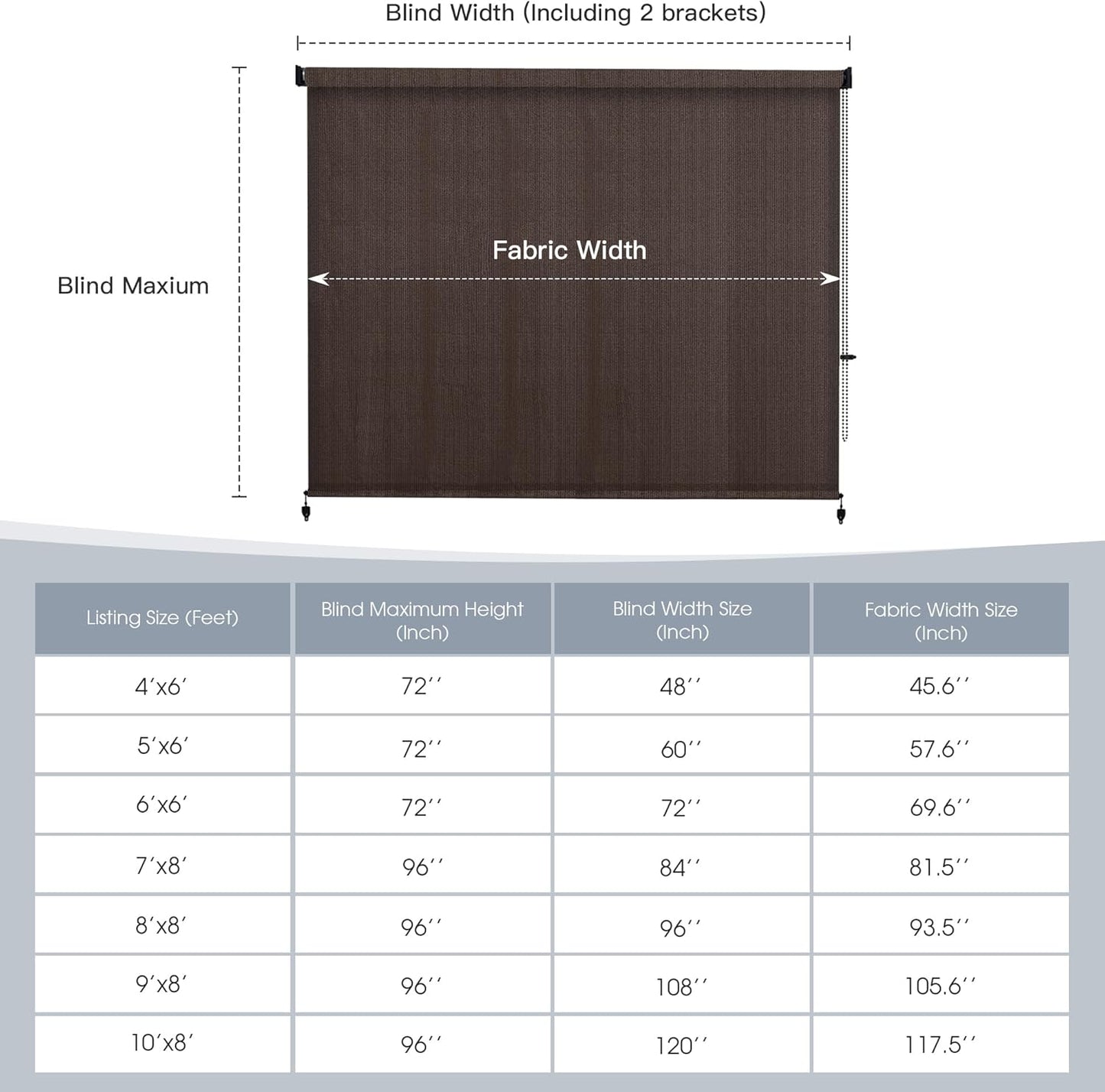 Outdoor Roller Shades (8' W X 8' L), Patio Blinds with Chain Clutch Operation, HDPE Roll Up Shade for Porch Patio Deck, Chocolate