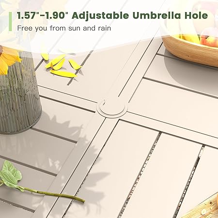 ARKOST Outdoor Patio Round Dining Table for 6, 50" x 50" Metal Sleek Slat Dining Table with Umbrella Hole for Lawn Garden Deck Backyard, Sandshell