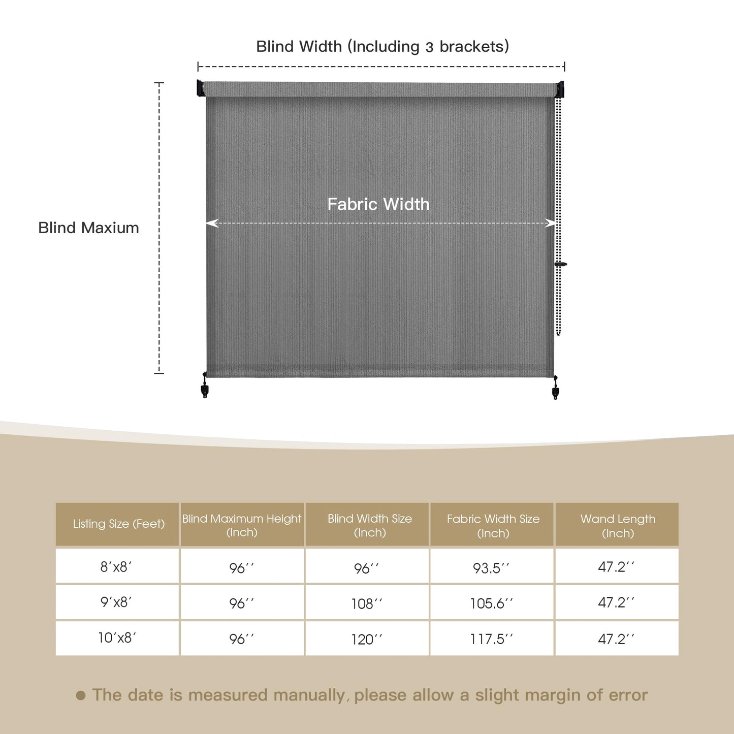 DIFY Outdoor Roller Shade Blinds Roll Up, Exterior Roller Shade Chain Operation 8 * 8FT for Patio Yard Deck Porch, Anthracite