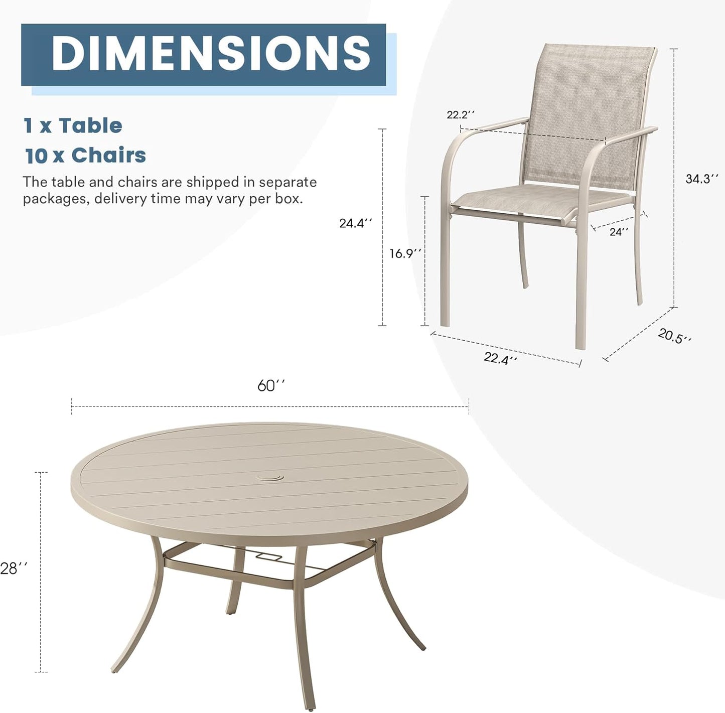 DIFY 11 Pieces Outdoor Patio Dining Set for 10, 60" Sandshell Round Metal Dining Table and 10 Sandshell Stackable Sling Dining Chairs, Outdoor Table and Chairs for Lawn Garden Backyard Deck