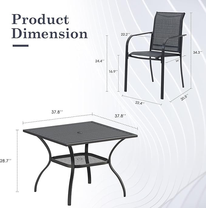Patio Table and Chairs Set for 4, Outdoor Dining Set with 4 Stackable Dining Chairs and 37.8" x 37.8" Square Metal Dining Table for Backyard, Deck, Lawn, Garden, Grey & Black