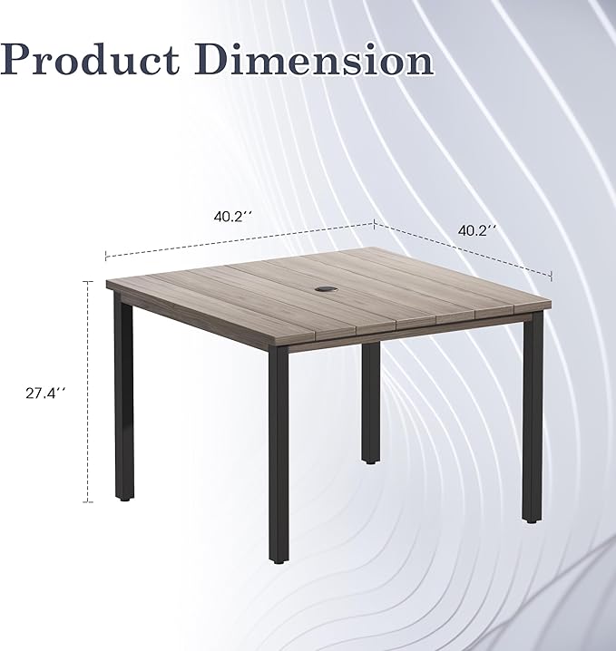 Outdoor Dining Table with Adjustable Umbrella Hole, 40.2" All-Weather Square Patio Dining Table for 4, Metal Patio Table for Garden Lawn Porch Deck Yard, Grey
