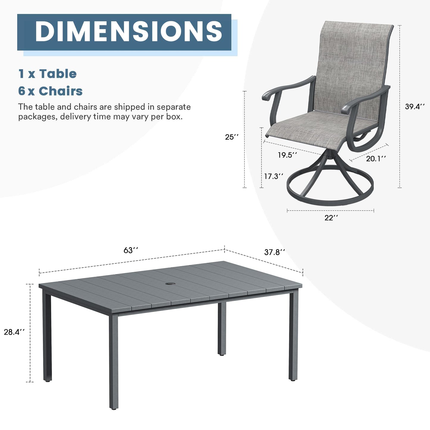 DIFY Outdoor Dining Set for 6, Swivel Chairs & Rectangle Table, Grey| High-back Swivel Textilene Patio Dining Chairs, 63" Rectangle Metal Dining Table, Umbrella Hole, For Garden Backyard Deck