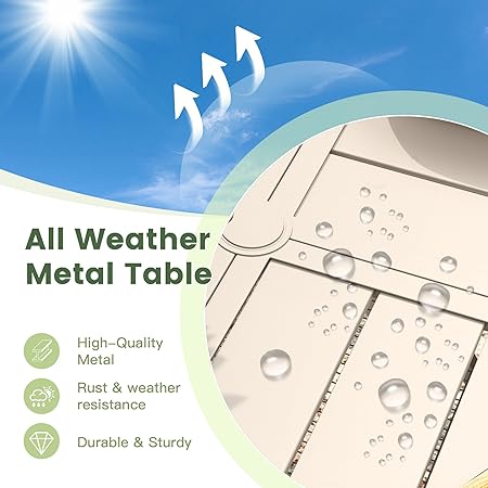 ARKOST Outdoor Patio Round Dining Table for 6, 50" x 50" Metal Sleek Slat Dining Table with Umbrella Hole for Lawn Garden Deck Backyard, Sandshell