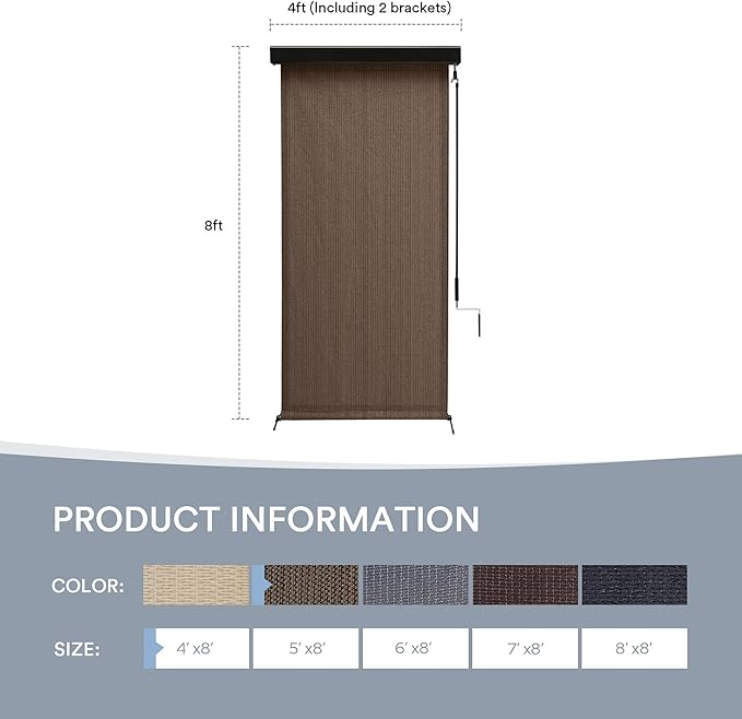 Outdoor Roller Shade, Exterior Patio Cordless Blinds with Aluminum Valance Roll Up Shades for Porch Balcony Backyard (4' W X 8' L), Mocha