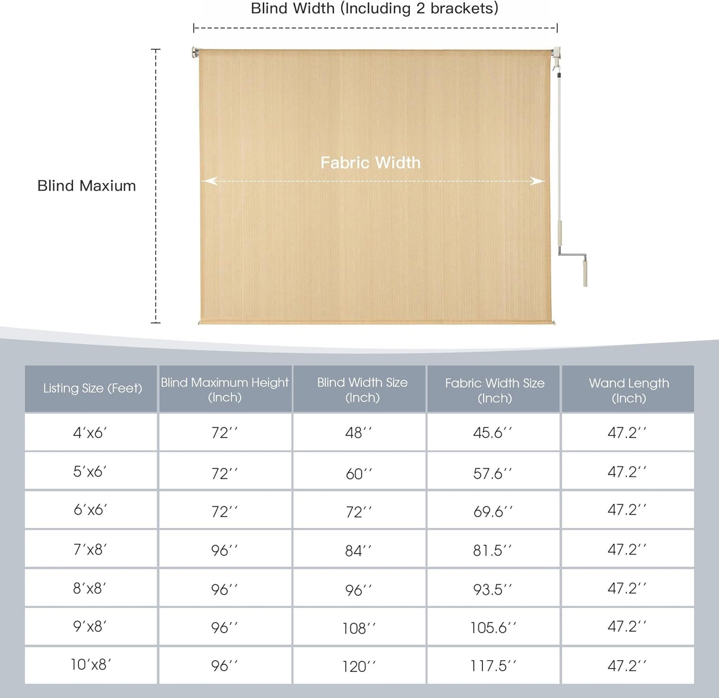 Outdoor Roller Shades (8' W X 8' L), Cordless Patio Blinds with Wand, 220 GSM Roll Up Shade for Porch Balcony Backyard, Wheat