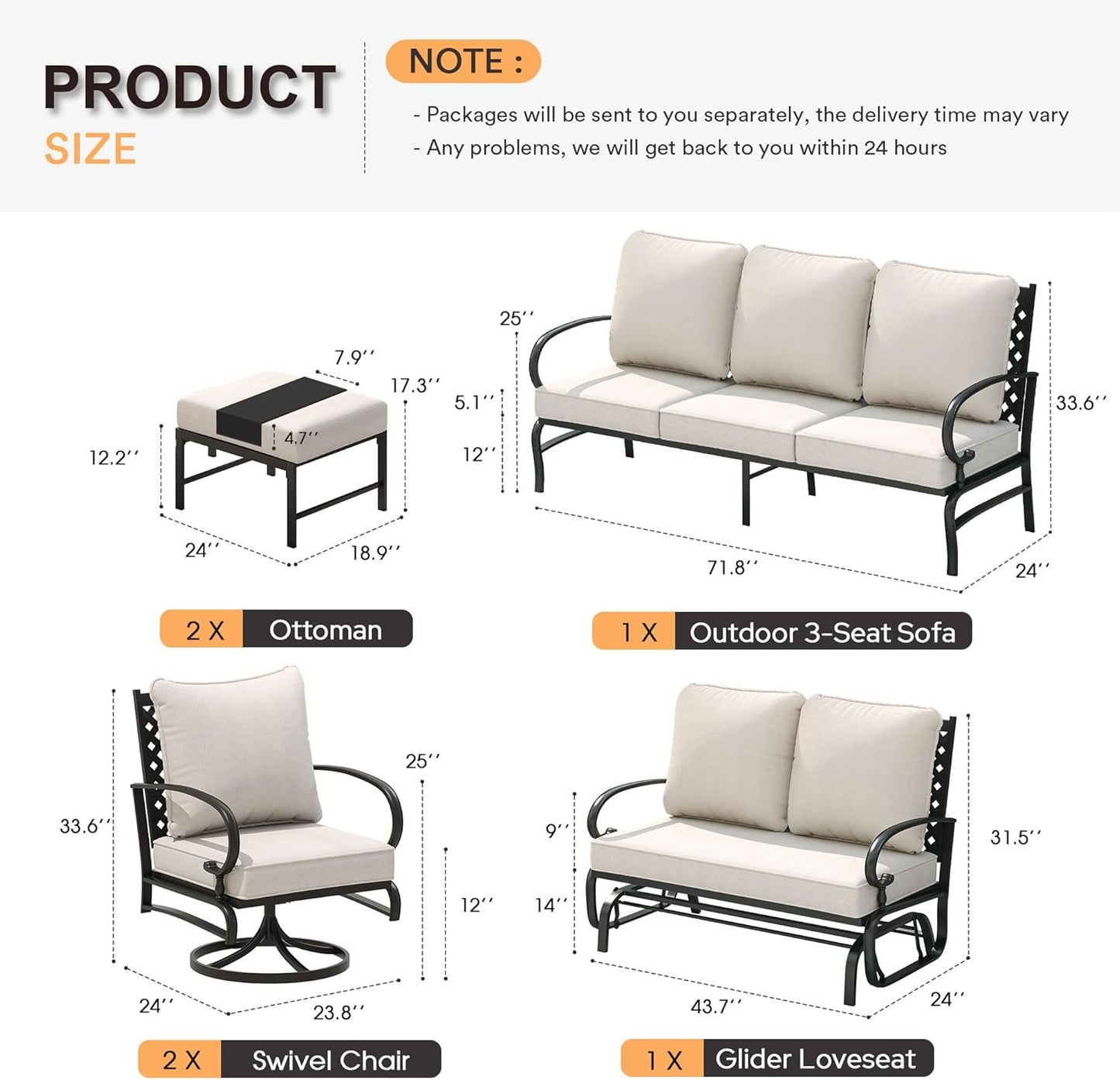 VICLLAX 5 Pieces Patio Furniture Set for 7, Outdoor Conversation Set Includes 3-seat Outdoor Sectional Sofa, 1 Patio Loveseat, 2 Swivel Patio Chairs and 2 Ottomans with Cushions for Garden, Beige