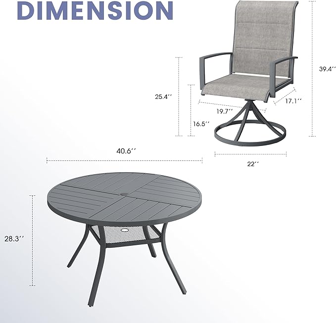VICLLAX 5 Pieces Patio Dining Set, 4 Seats Patio Furniture Set Includes 40.6" Outdoor Round Table and 4 Swivel Patio Chair Set for Lawn Garden, Grey Tabletop and Fabric