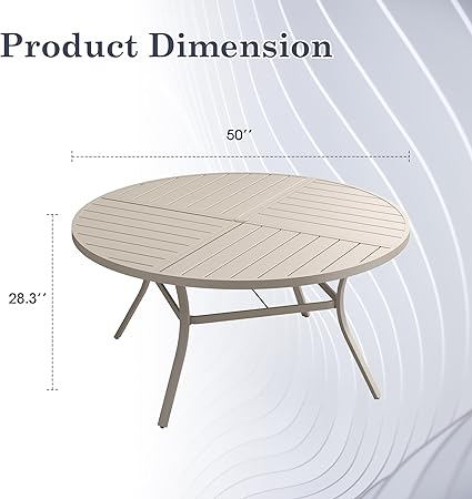 ARKOST Outdoor Patio Round Dining Table for 6, 50" x 50" Metal Sleek Slat Dining Table with Umbrella Hole for Lawn Garden Deck Backyard, Sandshell