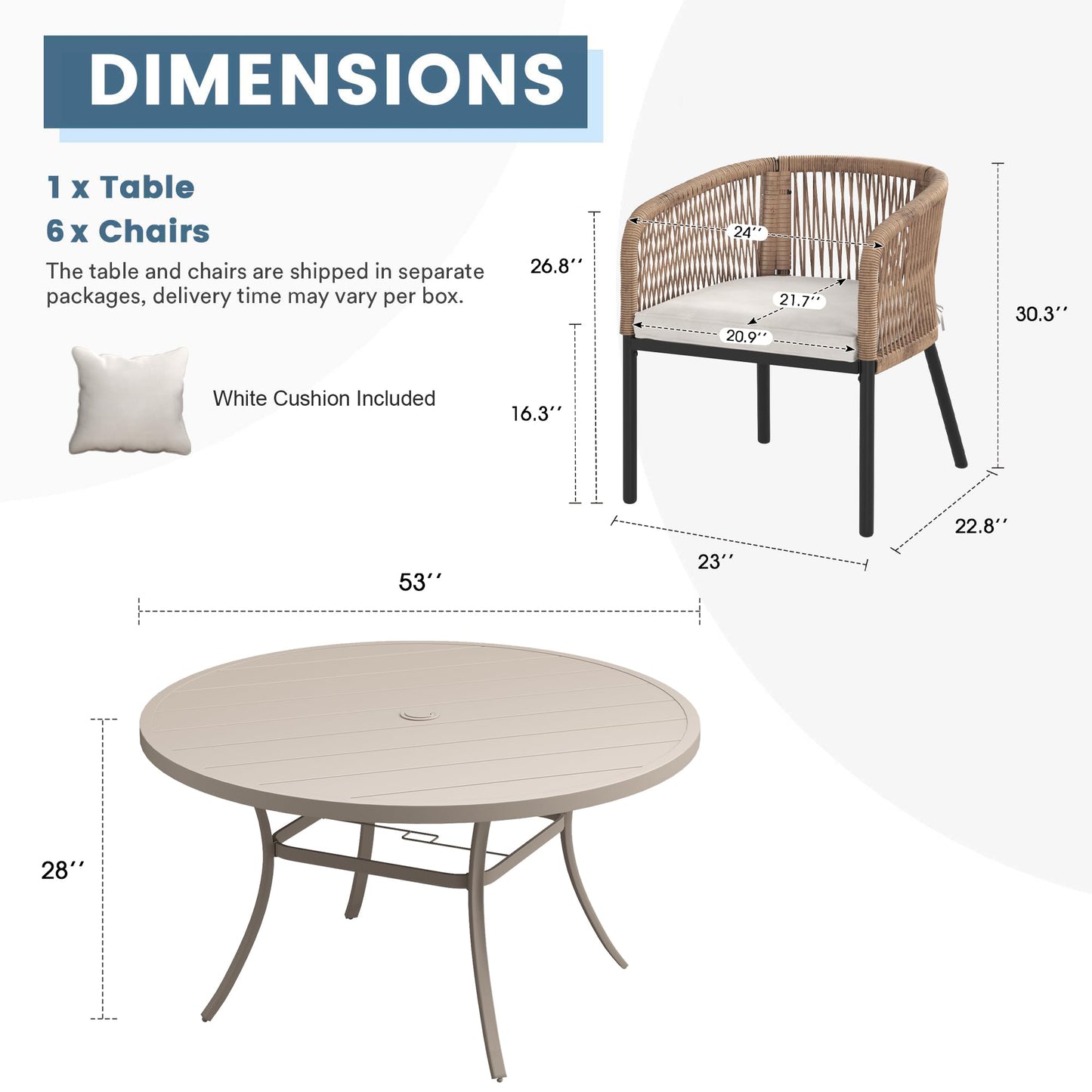 DIFY 7 Piece Patio Dining Set, 53" Round Table & Wicker Chairs, Sandshell| Woven Round Rattan, Rust-Resistant Metal, Heavy Duty Frame, Waterproof Cushion, Wide Seating, Built-In Umbrella Hole