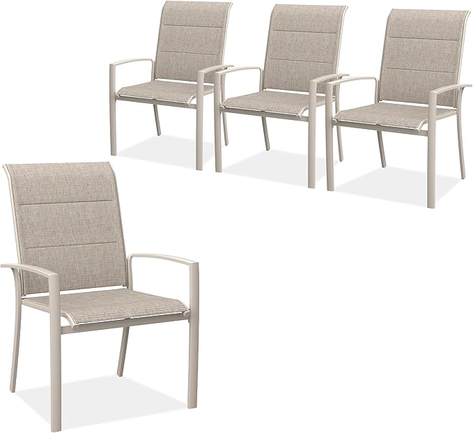 VICLLAX Stackable Patio Chairs Set of 4, All Weather Metal Outdoor Dining Chairs with Padded Foam for Lawn, Garden, Poolsides, Cream Color Frame