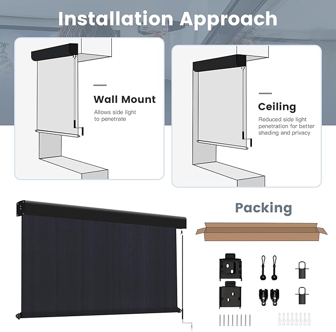 Outdoor Roller Shade, Exterior Patio Cordless Blinds with Aluminum Valance Roll Up Shades for Porch Balcony Backyard (4' W X 8' L), Graphite Black