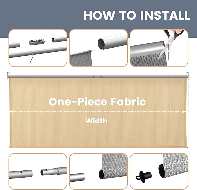 Outdoor Roller Shades (10' W X 8' L), Patio Blinds with Chain Clutch Operation, HDPE Roll Up Shade for Porch Patio Deck, Wheat