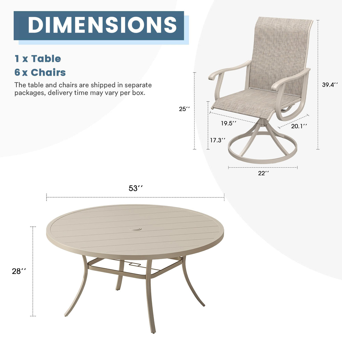 DIFY Outdoor Dining Set for 6, Swivel Chairs & Round Table, Sandshell| High-back Swivel Textilene Patio Dining Chairs, 53" Round Metal Dining Table, Umbrella Hole, For Garden Backyard Deck