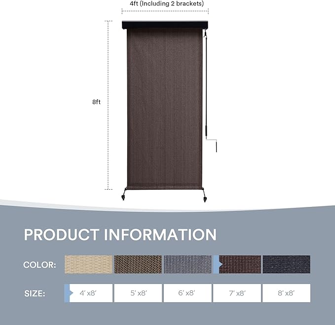 Outdoor Roller Shade, Exterior Patio Cordless Blinds with Aluminum Valance Roll Up Shades for Porch Balcony Backyard (4' W X 8' L), Chocolate