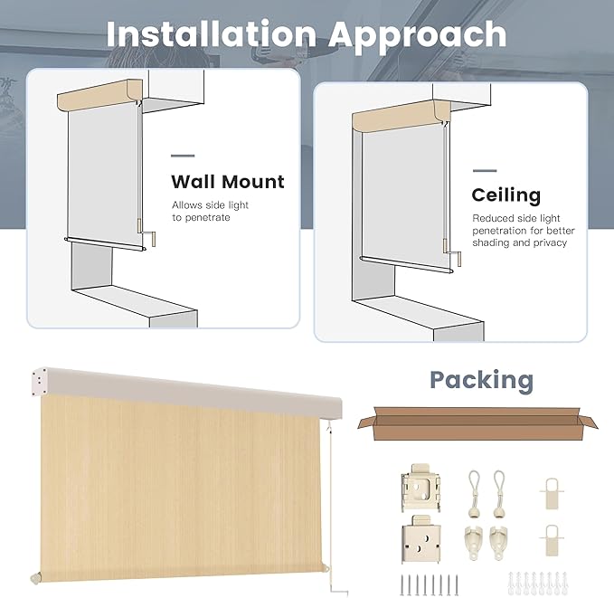 Outdoor Roller Shade, Exterior Patio Cordless Blinds with Aluminum Valance Roll Up Shades for Porch Balcony Backyard (4' W X 8' L), Wheat