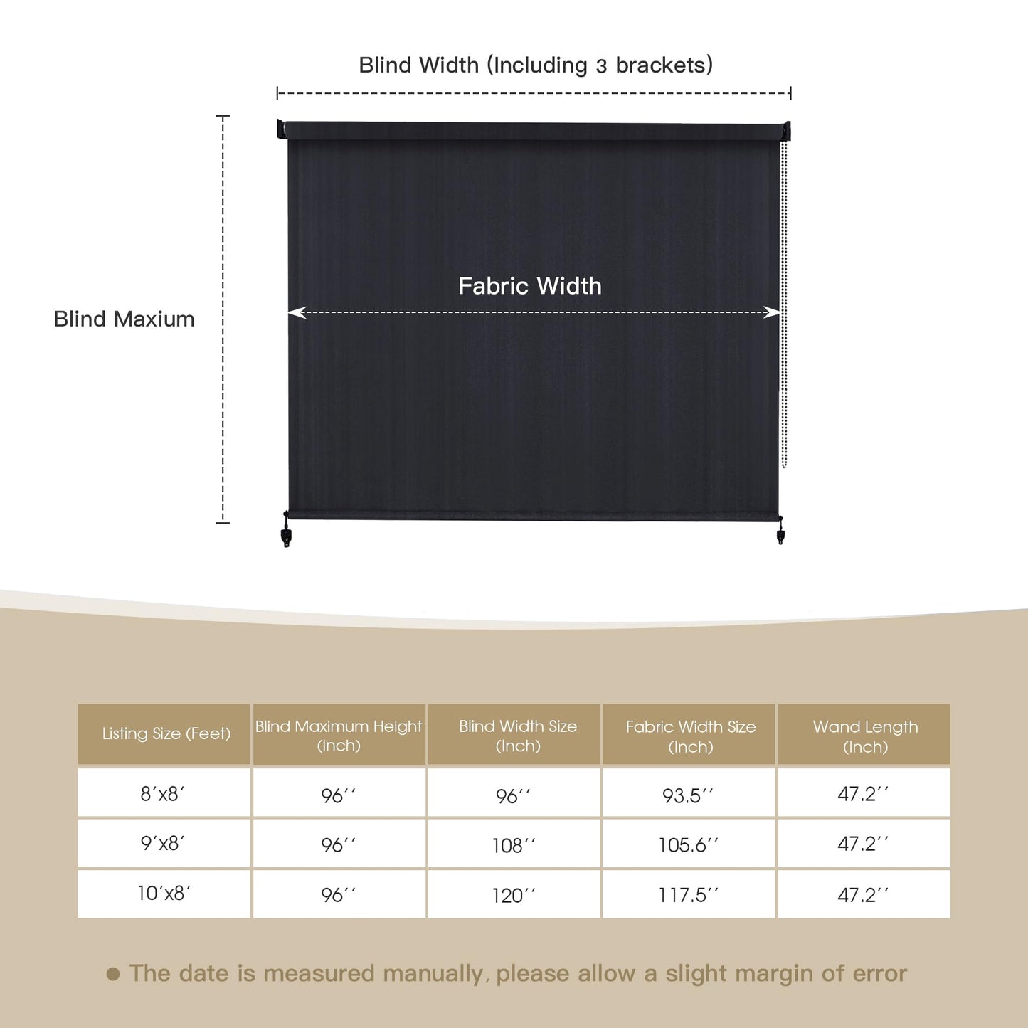 DIFY Outdoor Roller Shade Blinds, Exterior Roll Up Shade 10 * 8FT for Patio Yard Deck Porch, Chain Operation, Graphite