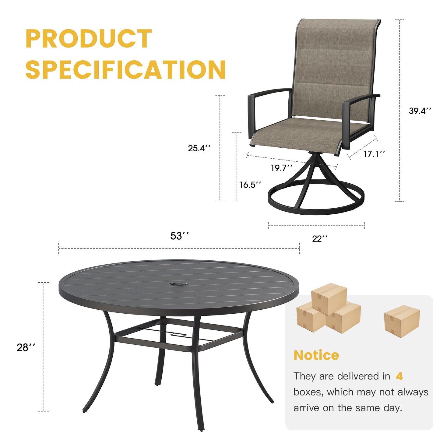 VICLLAX 7 Pieces Patio Dining Set for 6-Outdoor Furniture Includes 53" Round Outdoor Table and Swivel Padded Chairs, Black Tabletop and Mixed Brown Fabric