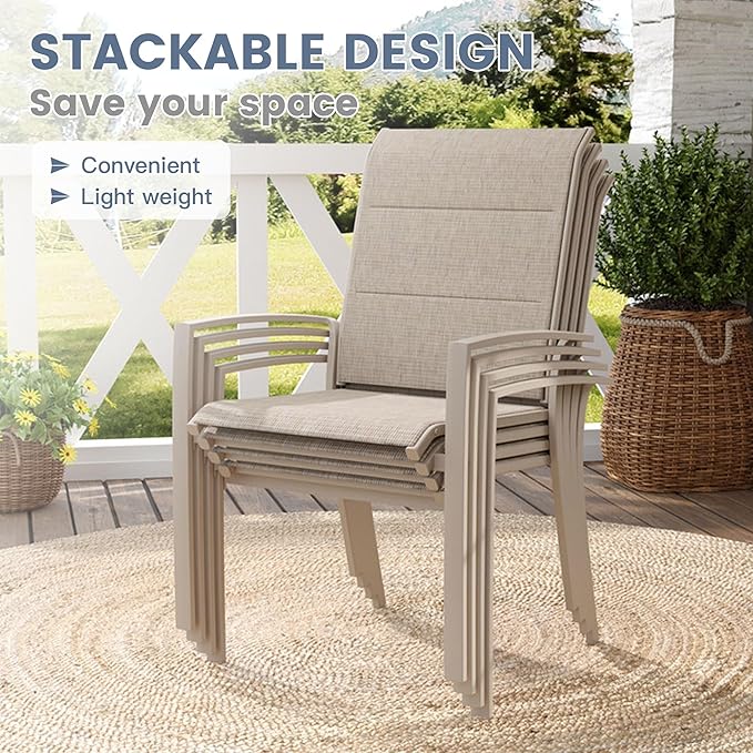 VICLLAX Stackable Patio Chairs Set of 4, All Weather Metal Outdoor Dining Chairs with Padded Foam for Lawn, Garden, Poolsides, Cream Color Frame