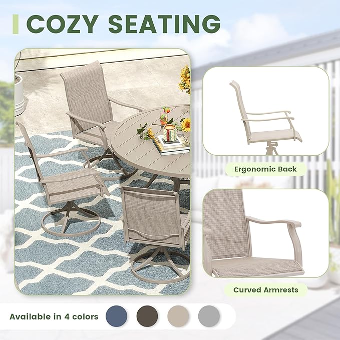 Patio Swivel Dining Chairs Set of 4, Outdoor Furniture Textilene High Back Lawn Chair with Armrests Metal Dinning Chairs for Garden, Porch, Backyard, Sandshell