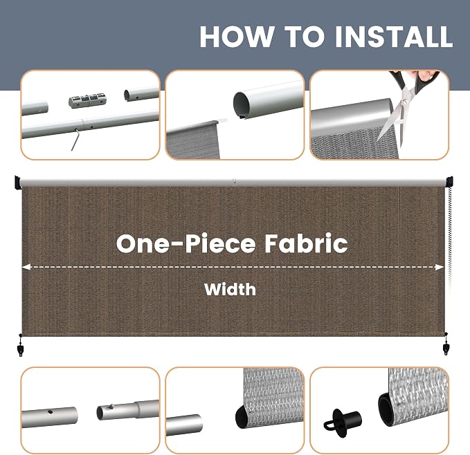 Outdoor Roller Shades with Spliced Design (9' W X 8' L), Patio Blinds with Chain Clutch Operation, HDPE Roll Up Shade for Porch Patio Deck, Mocha